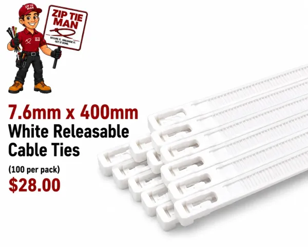 7.6mm x 400mm White Releasable Cable Ties 100pcs